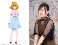 朝日奈みらいの設定画と、朝日奈みらい／キュアミラクル役の高橋李依。