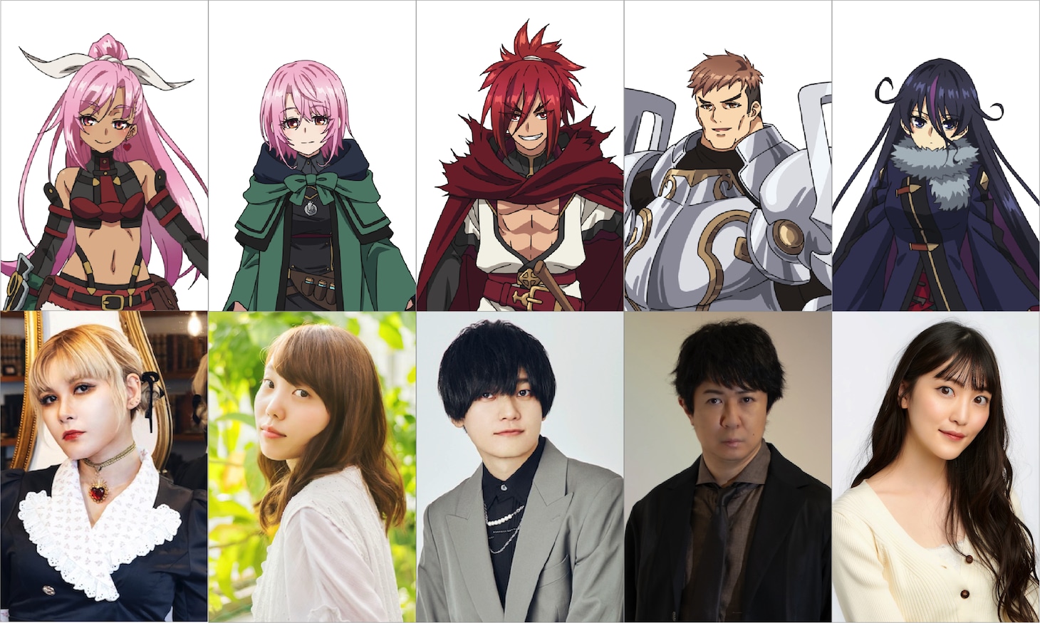 TVアニメ「嘆きの亡霊は引退したい」追加キャスト一覧。下段左からファイルーズあい、小原好美、天崎滉平、杉田智和、古賀葵。 (c)槻影・チーコ／マイクロマガジン社／「嘆きの亡霊」製作委員会