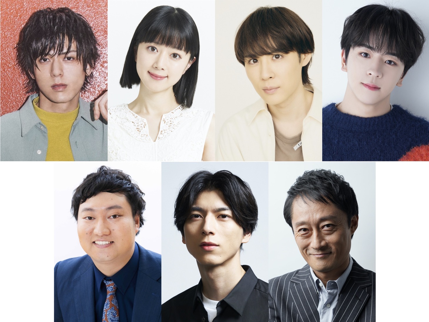 上段左から加藤将、工藤晴香、樋口裕太、大澤駿弥（ORβIT）、兎（ロングコートダディ）、小松準弥、稲荷卓央（劇団唐組）。