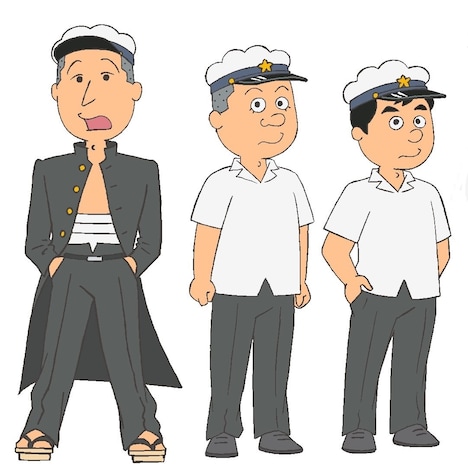 「サザエさん」キャラクタービジュアル。左から長田庄平、松尾駿、せいや。 (c)長谷川町子美術館