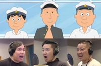 「サザエさん」キャラクタービジュアルと、ゲスト声優のせいや、長田庄平、松尾駿。(c)長谷川町子美術館 (c)フジテレビ