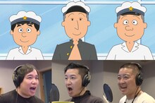 「サザエさん」キャラクタービジュアルと、ゲスト声優のせいや、長田庄平、松尾駿。(c)長谷川町子美術館 (c)フジテレビ