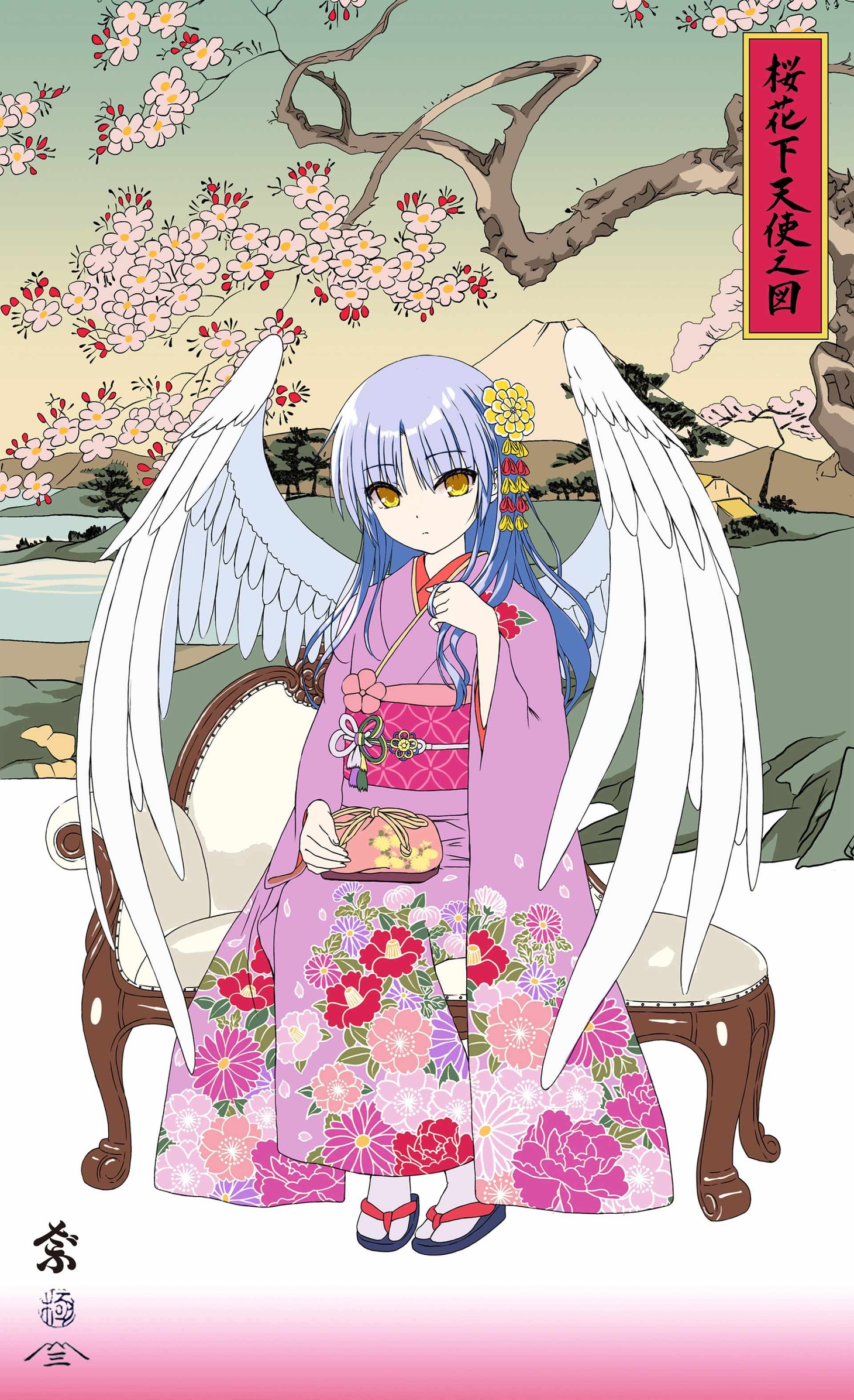 「浮世絵木版画 桜花下天使之図 立華かなで」に使用されている描き下ろしイラスト。