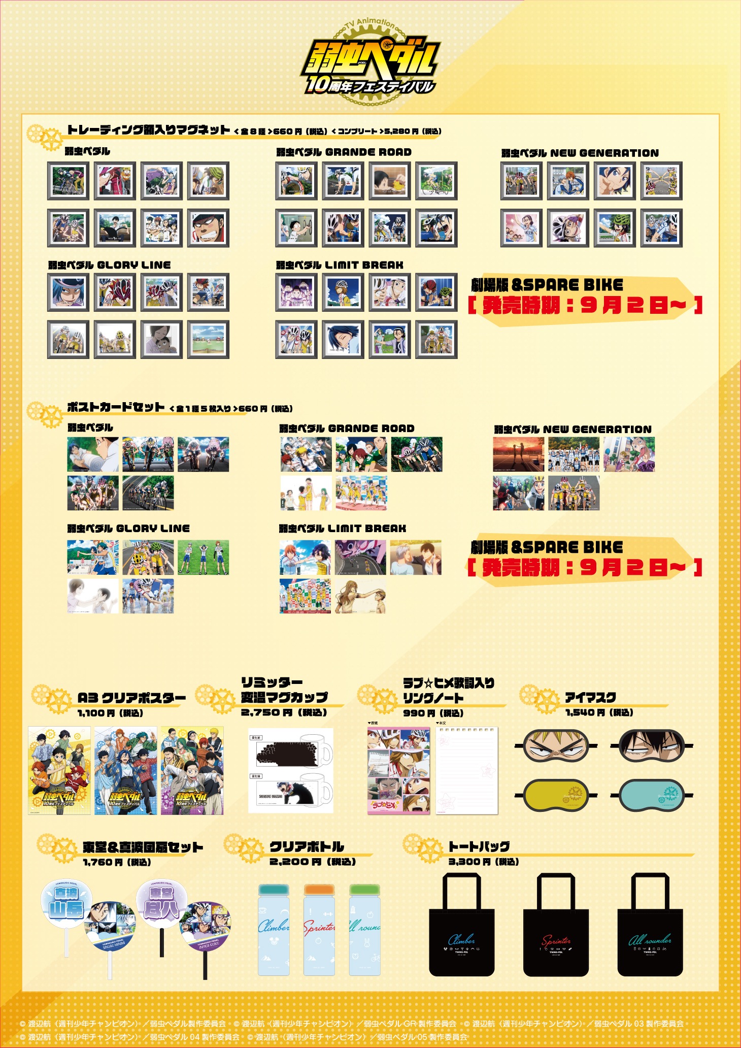 「TVアニメ『弱虫ペダル』10周年フェスティバル」グッズラインナップ。