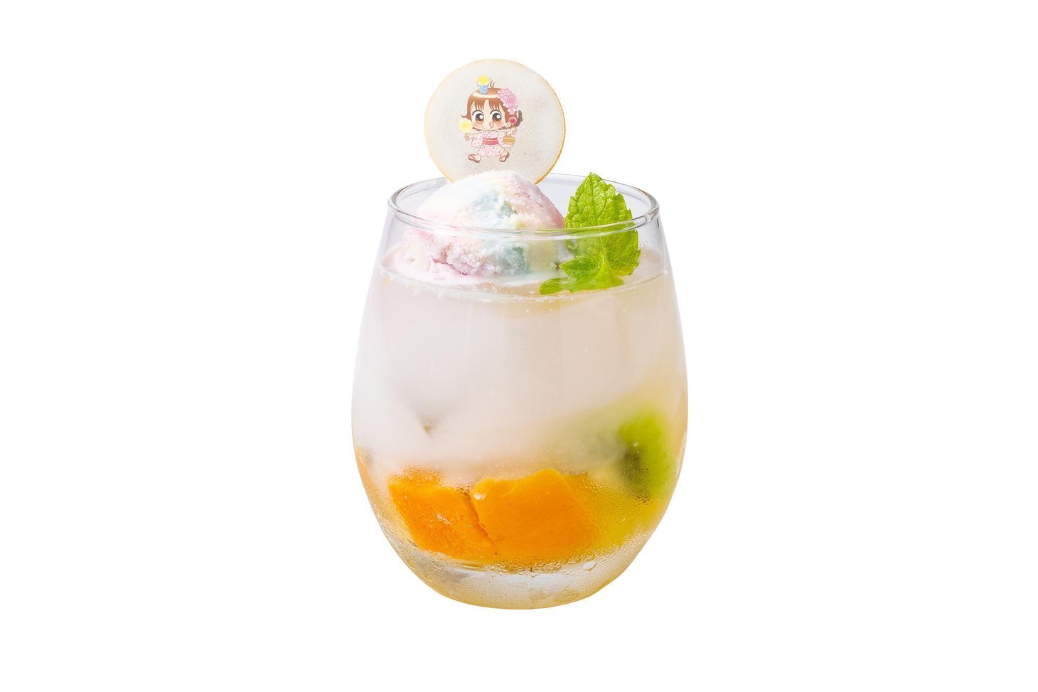 「ぷくぷく天然かいらんばん」「チャームエンジェル」「こっちむいて！みい子」のトッピングモナカが選べる「フルーツポンチフロート」。