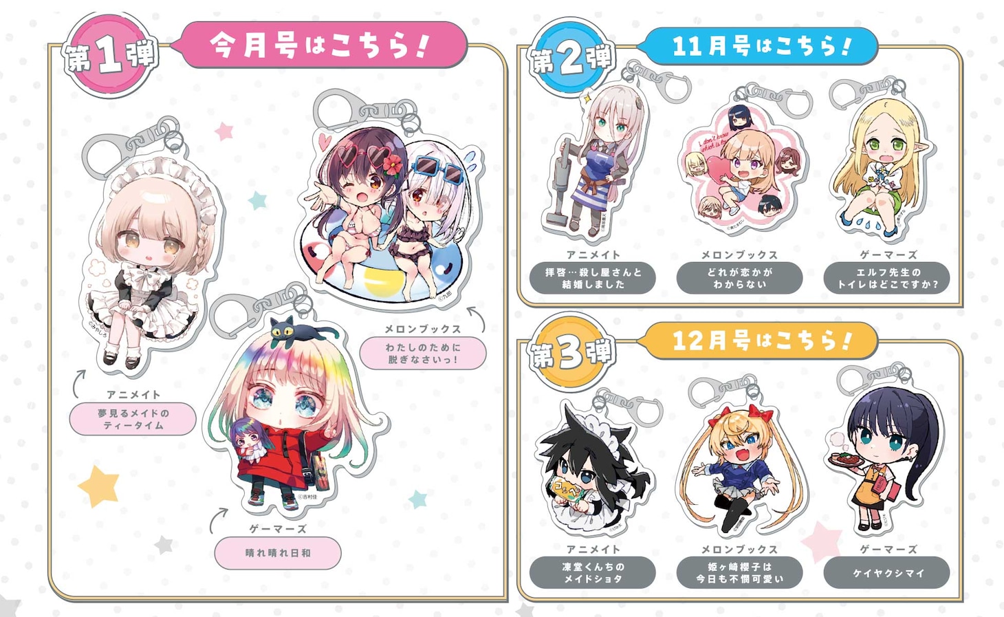 アニメイト、メロンブックス、ゲーマーズでは、3号連続でキューン本誌の購入者にアクリルキーホルダーを進呈。ラインナップはこちら。