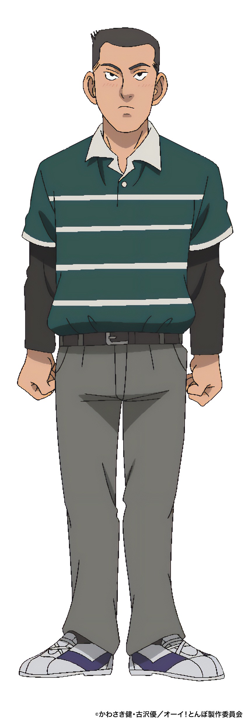 有働ハジメ（CV：花輪英司）。武蔵塚ゴルフ練習場オーナーの息子。練習場所属のプロとしてレッスンを行う。とんぼのコーチとなる。(c)かわさき健・古沢優／オーイ！とんぼ製作委員会 (c) かわさき健・古沢優／ゴルフダイジェスト社