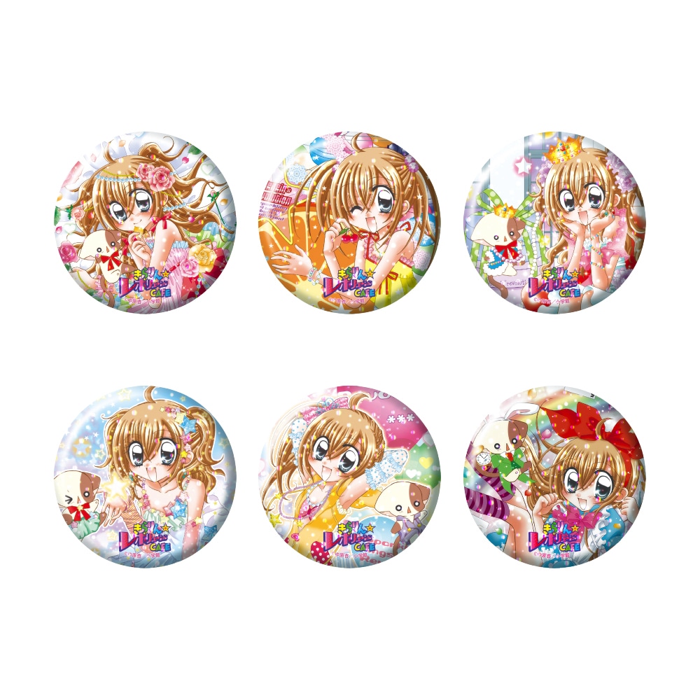 「きらりん☆レボリューション CAFE」で販売されるホログラム缶バッジ（ランダム6種）。