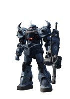 グフカスタム。ジオン軍の開発した量産型モビルスーツ・グフの改良型。遠距離兵器であるガトリング・シールドにより、絶大な火力を誇っている。ヒート・サーベルやヒート・ロッドによる近距離戦もこなせる優秀な機体。