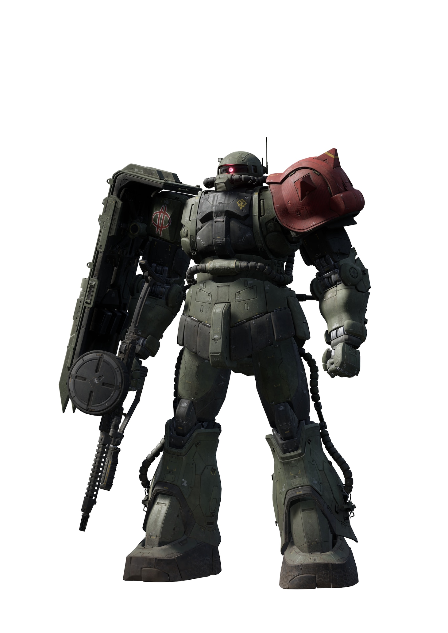 ザクII F型（ルショーン機）。ジオン軍の開発したザクIIの量産型。部隊内では一番戦歴が浅くカスタマイズもあまり行われていない。部隊カラーリングはショルダーアーマーに施されている。コードネームはレッド・ウルフ・チャーリー。
