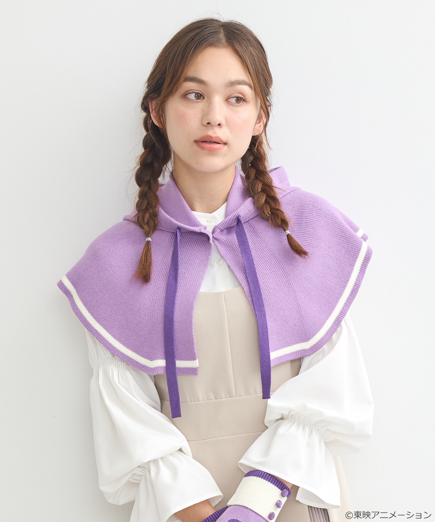 「おジャ魔女どれみ フードウォーマー」パープルの着用例。