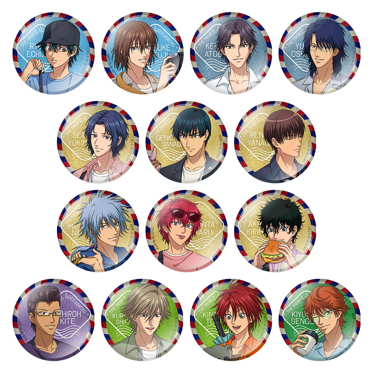 「新テニスの王子様 The Prince Goes Abroad 総集編」の描き下ろしイラストを使用した「新テニスの王子様 The Prince Goes Abroad 総集編 缶バッジコレクション」。