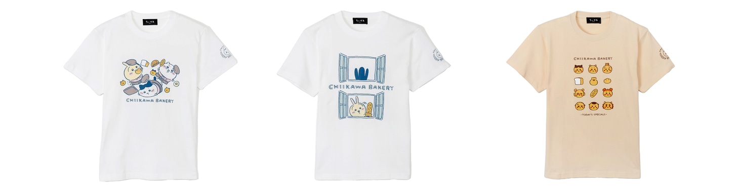 ちいかわベーカリーのオリジナルグッズ。左から「ちいかわベーカリー Tシャツ 転びまくるトリオ ホワイト（M/L/XL）」「ちいかわベーカリー Tシャツ 窓からチラッと ホワイト（M/L/XL）」「ちいかわベーカリー Tシャツ  CHIIKAWA BAKERY ナチュラル（M/L/XL）」。