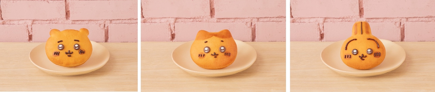 ちいかわベーカリーで販売されるパン。左から「ちいかわパン」「ハチワレパン」「うさぎパン」。