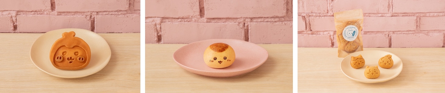 ちいかわベーカリーで販売されるパンとスイーツ。左から「カブトムシワッフル」「くりまんじゅうパン」「フィナンシェなトリオ」。