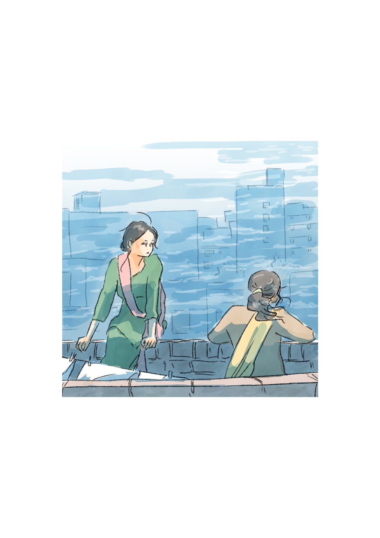 今日マチ子が描く映画「ジョイランド」のワンシーン、自由を願う女性の姿収める