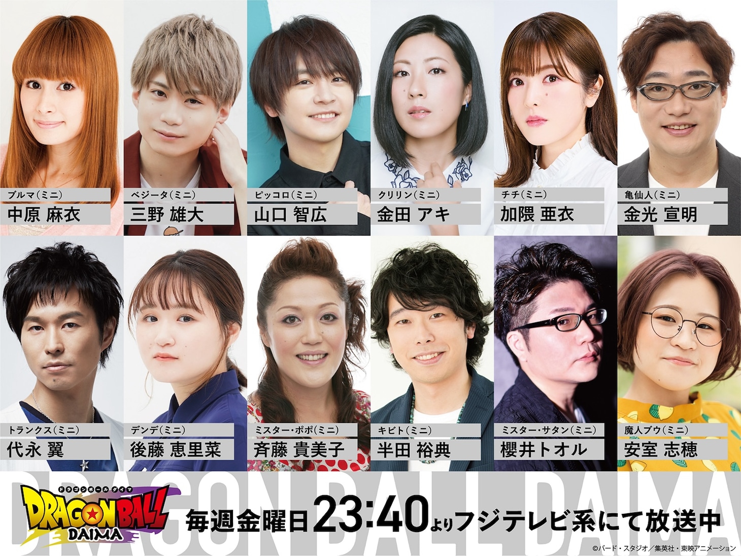 TVアニメ「ドラゴンボールDAIMA」の追加キャスト。上段左から中原麻衣、三野雄大、山口智広、金田アキ、加隈亜衣、金光宣明。下段左から代永翼、後藤恵里菜、斉藤貴美子、半田裕典、櫻井トオル、安室志穂。