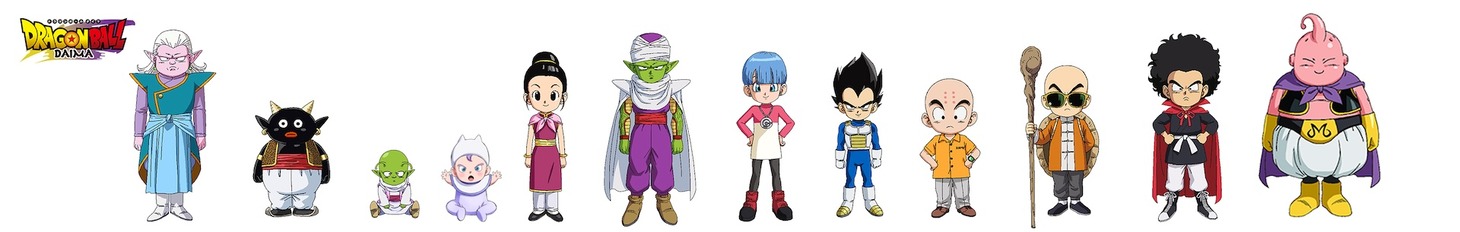 左からキビト（ミニ）、ミスター・ポポ（ミニ）、デンデ（ミニ）、トランクス（ミニ）、チチ（ミニ）、ピッコロ（ミニ）、ブルマ（ミニ）、ベジータ（ミニ）、クリリン（ミニ）、亀仙人（ミニ）、ミスター・サタン（ミニ）、魔人ブウ（ミニ）。