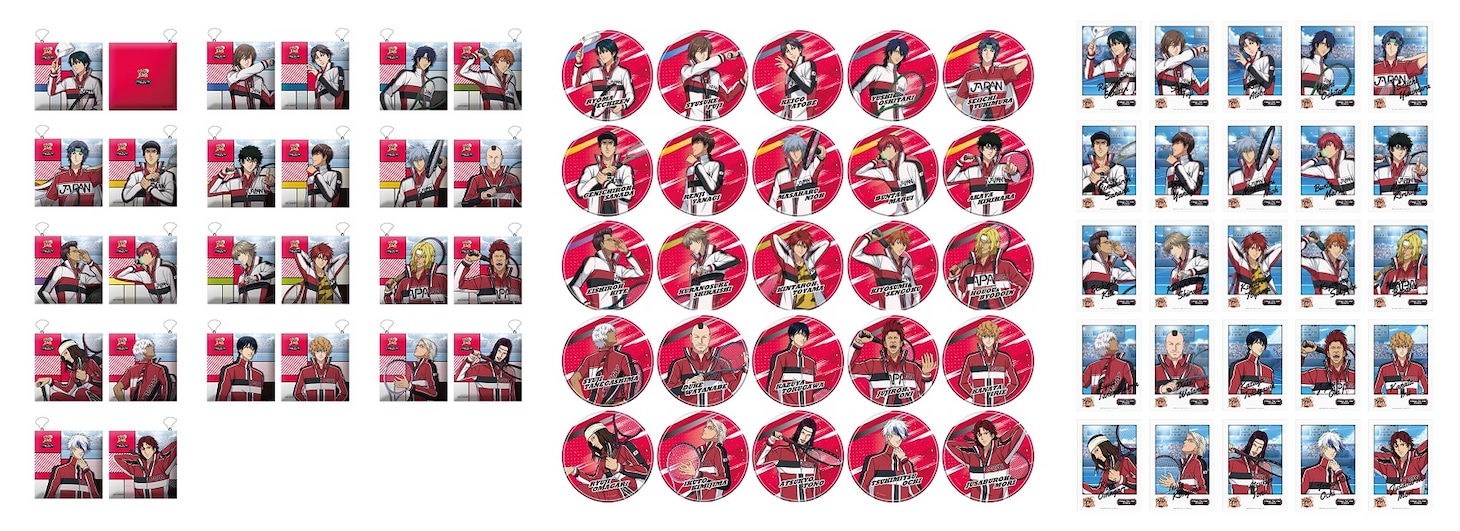 ミニゲーム「デカ過ぎんだろ・・・ガラポン」の景品。左からS賞「クッションストラップ（全13種）」、A賞「缶バッジ（全25種）」、B賞「フォト風イラストシート（全25種）」。