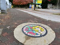 日立台公園前に設置された「マリー・アントワネット」のデザインマンホール蓋。