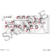 「真船一雄 漫画家40周年記念 スーパードクターKシリーズ原画展 Kの系譜」で販売されるスーパードクターKシリーズに登場するK一族の家系図をプリントしたタオル。