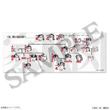 「真船一雄 漫画家40周年記念 スーパードクターKシリーズ原画展 Kの系譜」で販売されるスーパードクターKシリーズに登場するK一族の家系図をプリントしたタオル。