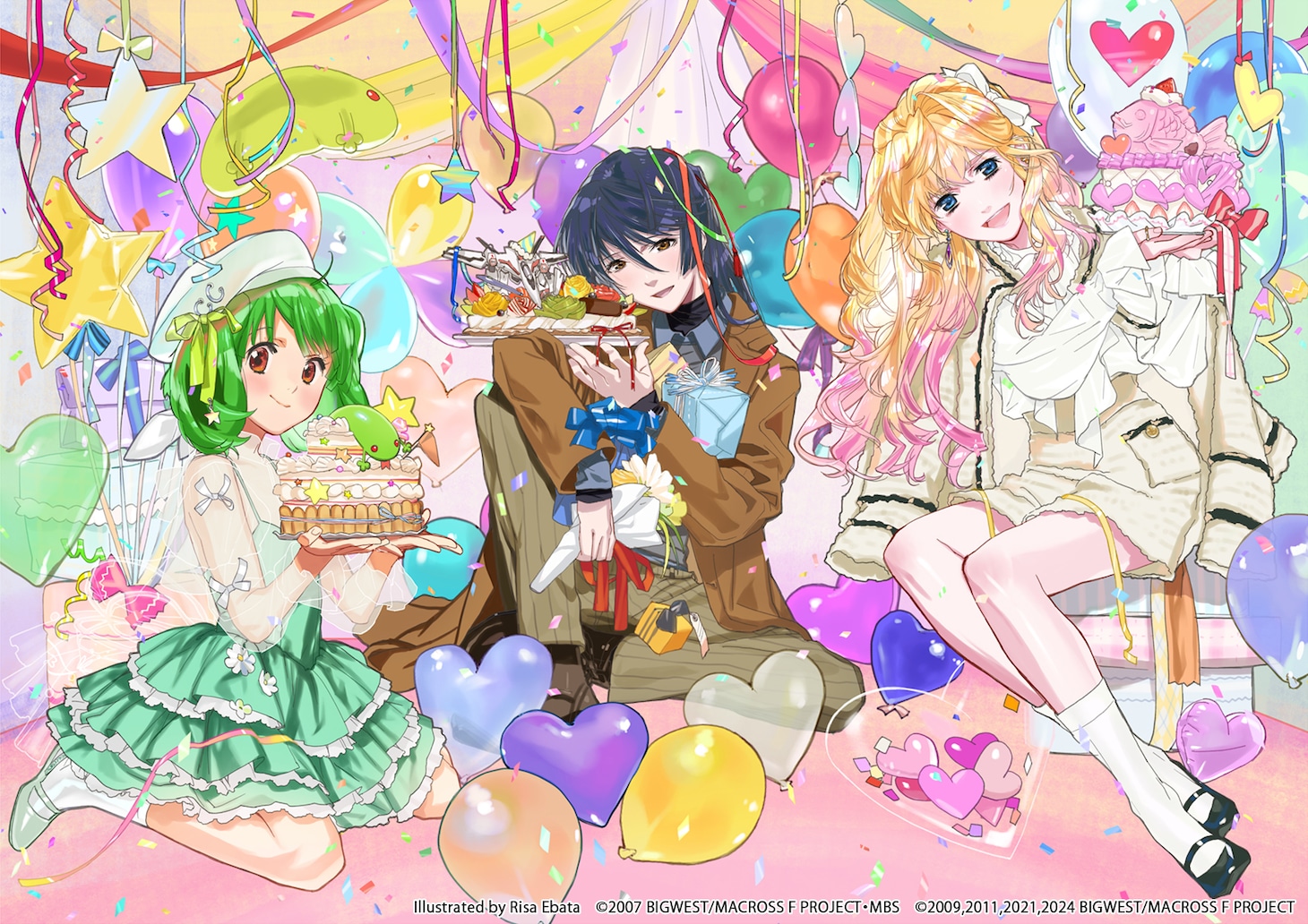 キャラクターデザインの江端里沙描き下ろしによる「マクロスF オールタイムベストアルバム『娘々グレイテスト☆ヒッツ！』」限定盤のジャケットイラスト。