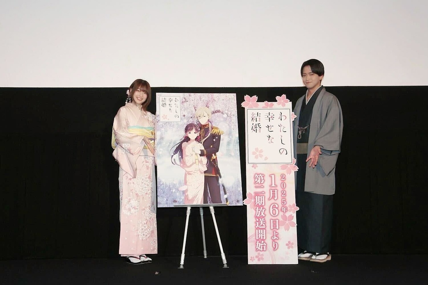 先行上映会トークショーより。斎森美世役の上田麗奈（左）と久堂清霞役の石川界人（右）。