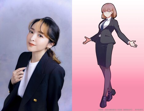 潘めぐみ（左）とモカのキャラクタービジュアル（右）。