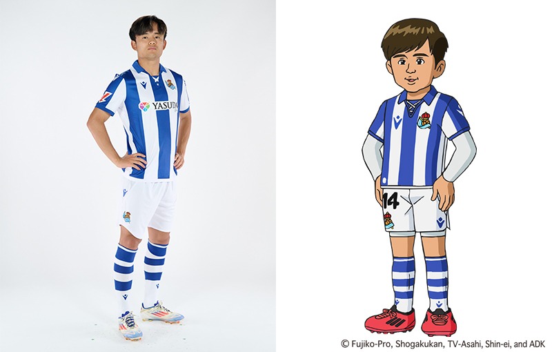 久保建英選手の写真（左）とアニメに登場する久保建英選手（右）。