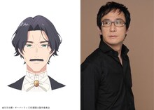 レオナルドのキャラクタービジュアル（左）と成田剣（右）。レオナルドはパルナコルタ王国でのフィリアの執事兼護衛。以前はパルナコルタ騎士団で騎士として活躍していた。料理が趣味で、フィリアの食事はレオナルドが担当している。