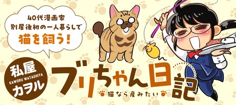私屋カヲルの新連載「ブリちゃん日記～猫なら産みたい～」のバナー。