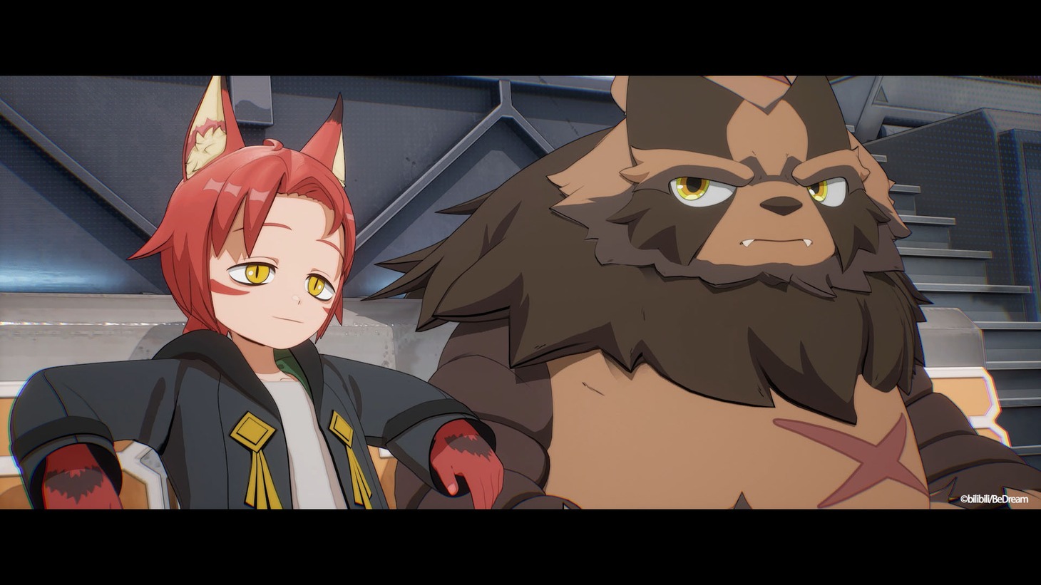 TVアニメ「RINGING FATE」第1話より、左から運命のリングを観戦するエデン、大熊。 (c)bilibili/BeDream