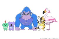 左上からタツノオトシゴのタツヒロ、トイプードルのハイマ、コアラのソラ、ゴリラのセナ、トラのマトラ、フラミンゴのコウダイ。