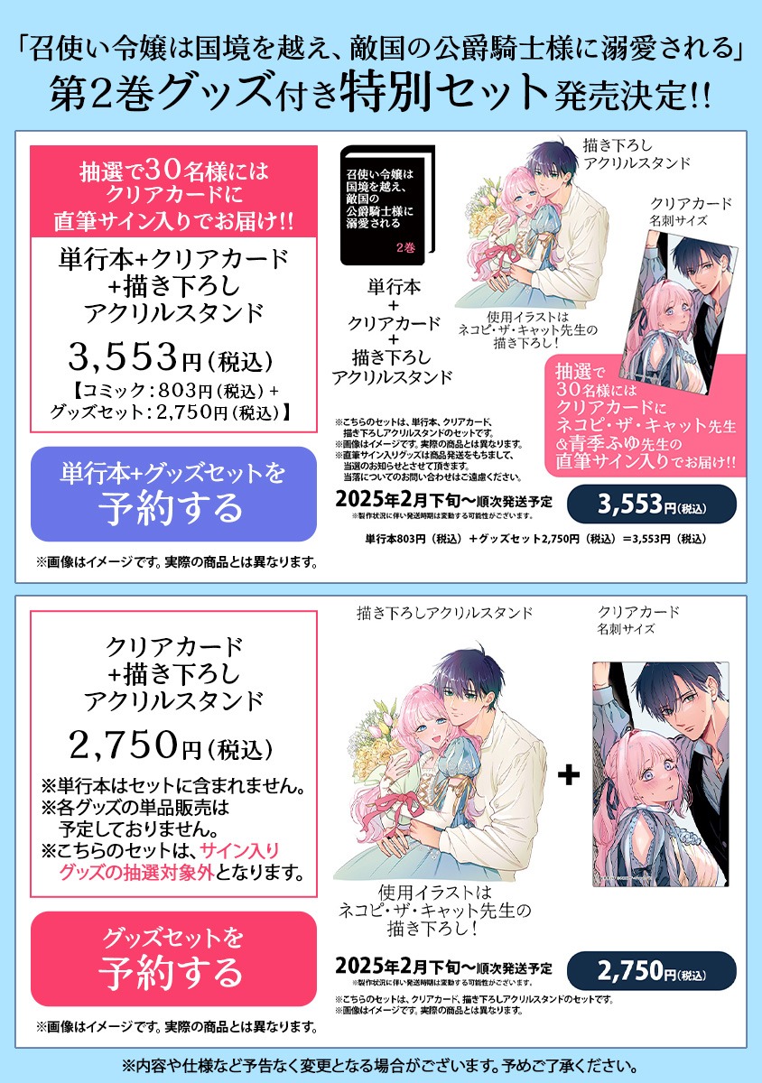 「召使い令嬢は国境を越え、敵国の公爵騎士様に溺愛される」2巻のグッズ付きセットの詳細。
