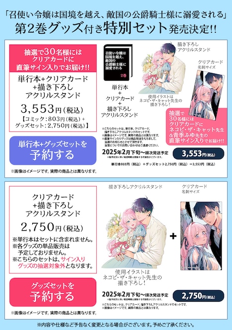 「召使い令嬢は国境を越え、敵国の公爵騎士様に溺愛される」2巻のグッズ付きセットの詳細。
