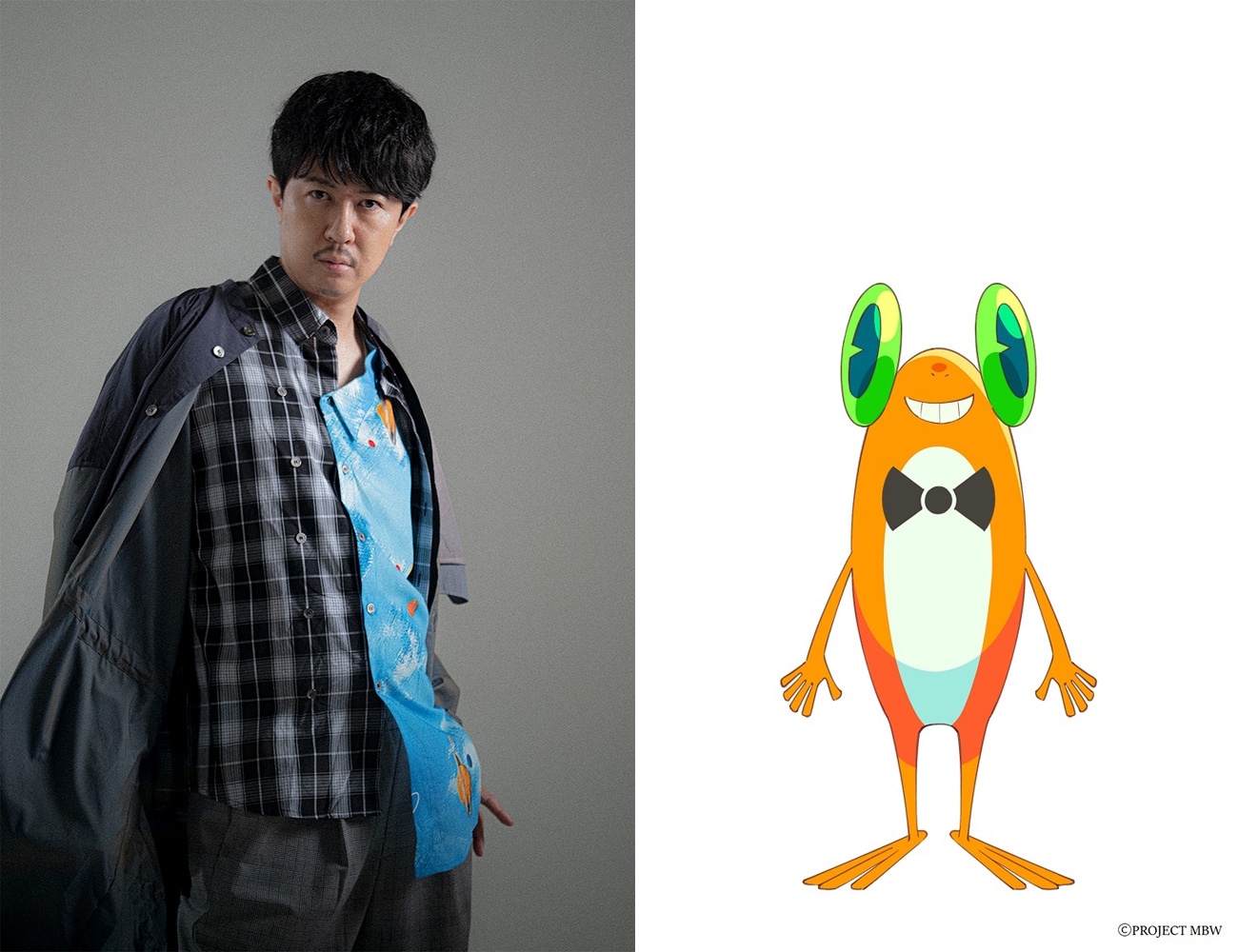 左から杉田智和、杉田が演じるケロッペ。