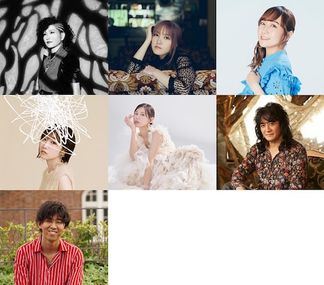 「SATELIGHT 30th Anniversary SATEFES！」DAY1のライブパート出演者。上段左からAKINO from bless4、JUNNA、高垣彩陽（※昼公演のみ出演）、中段左から田所あずさ、TRUE、福山芳樹、下段左端が隆成。