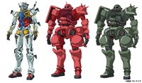 左から白いガンダム、シャア専用ザク、ザク。
