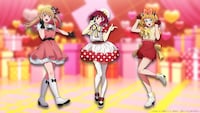 TVアニメ「【推しの子】」より、「POP IN 2」の衣装を着たルビー（左）、有馬かな（中央）、MEMちょ（右）。
