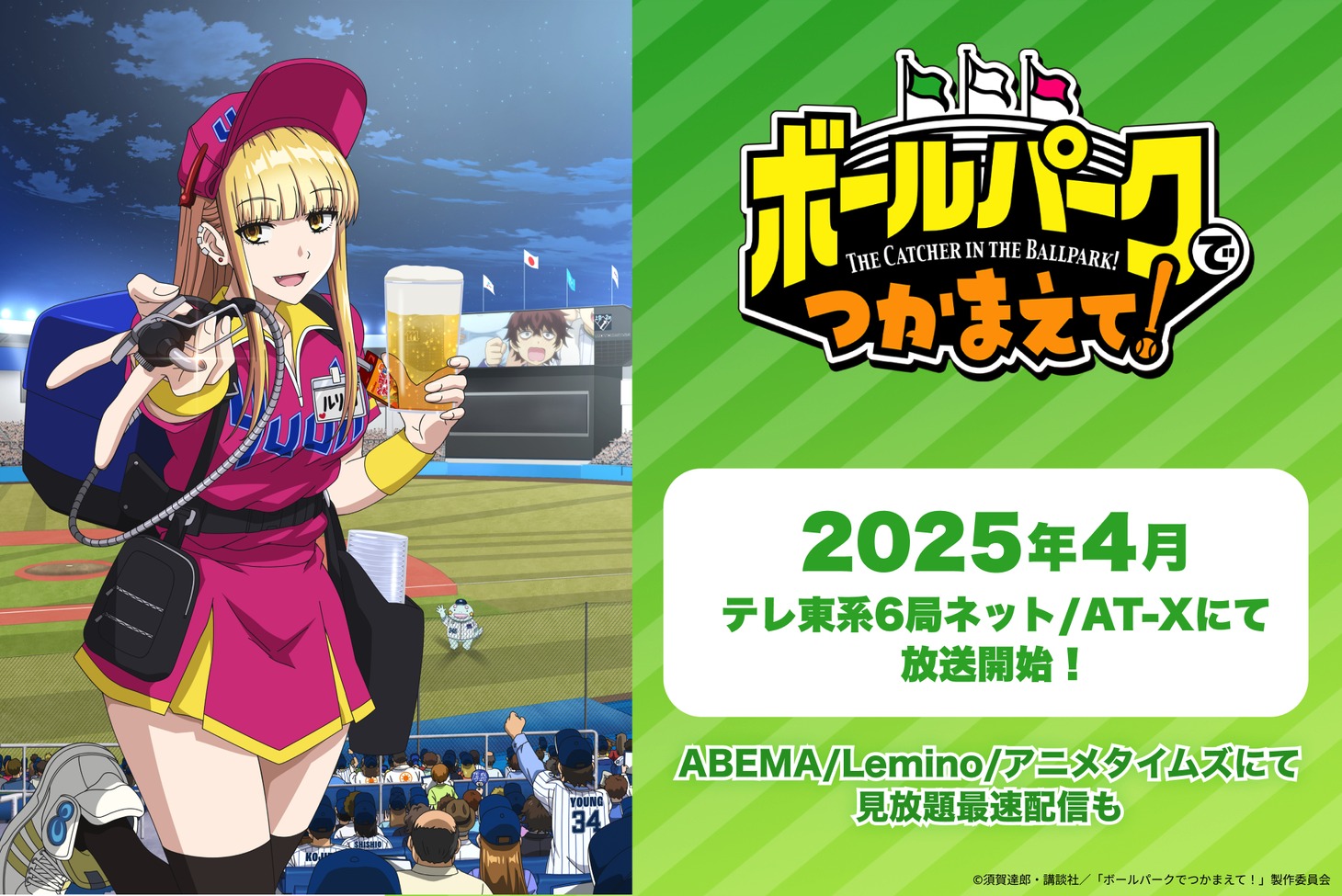 TVアニメ「ボールパークでつかまえて！」放送情報の告知画像。