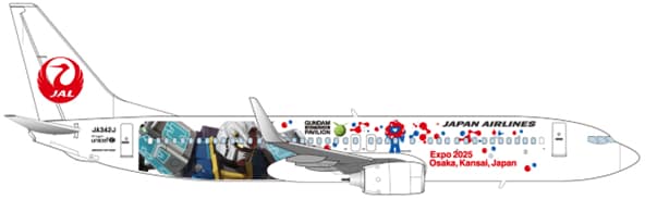 JALガンダムJET。RX-78F00/E ガンダム（EX-001 グラスフェザー装備）のイメージに加えて、大阪・関西万博公式キャラクター・ミャクミャクもデザインされた。