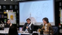 「ゲンロン ひらめき☆マンガ教室」2024年5月12日開催の様子。受講生からの質問を受け、顔の描き方を実演している。