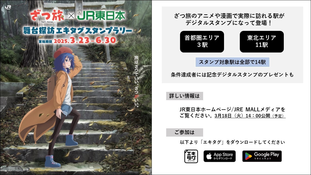 「『ざつ旅』×JR東日本 舞台探訪エキタグスタンプラリー」告知画像  (c)石坂ケンタ／KADOKAWA／「ざつ旅」製作委員会