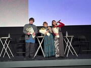 TVアニメ「ダンジョンに出会いを求めるのは間違っているだろうかV 豊穣の女神篇」クライマックス上映会の様子。左から松岡禎丞、石上静香、日笠陽子。