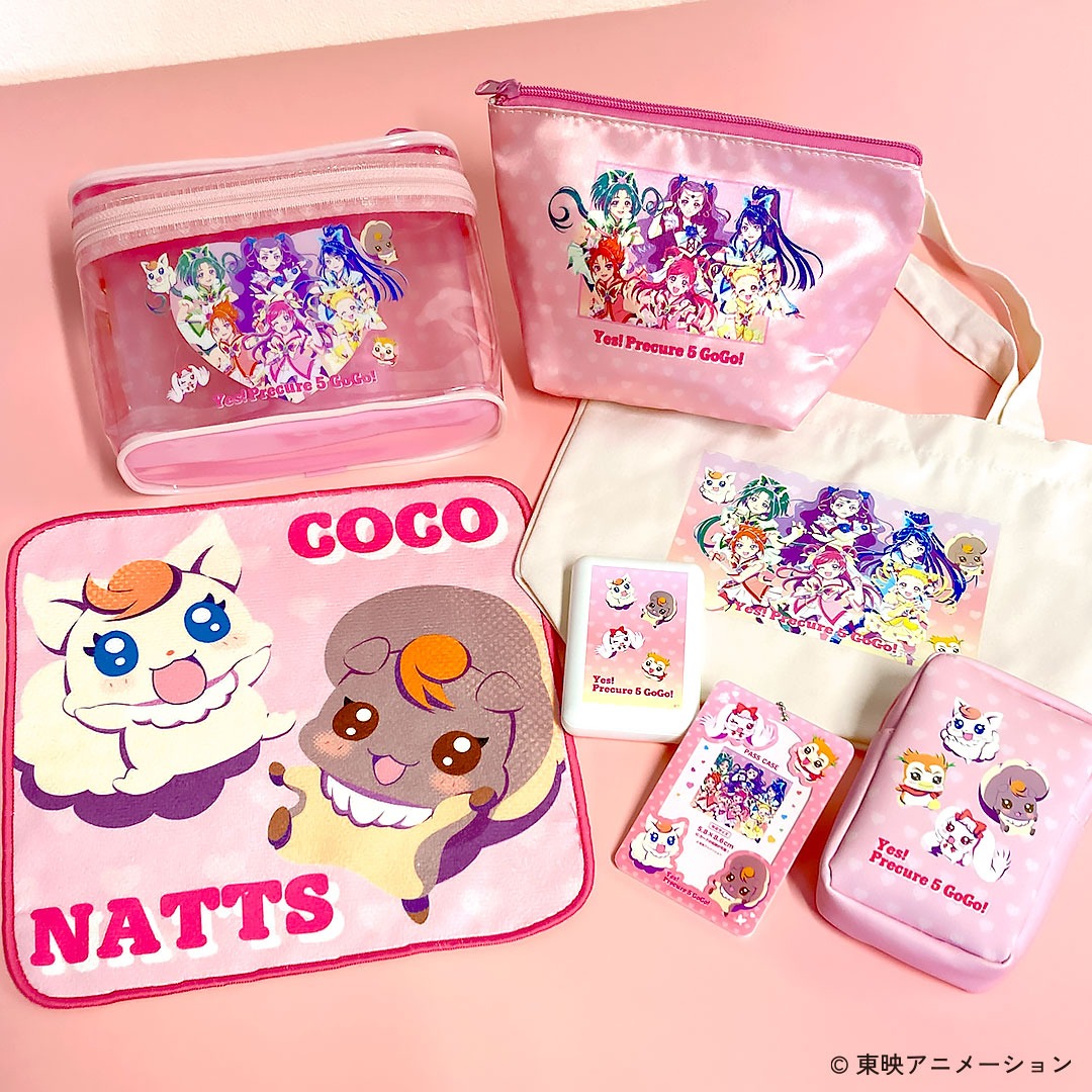 クリアバニティポーチ、台形ポーチ、ハンドタオル、ミニトートバッグ、リップポーチ、パスケース、モバイルバッテリー。