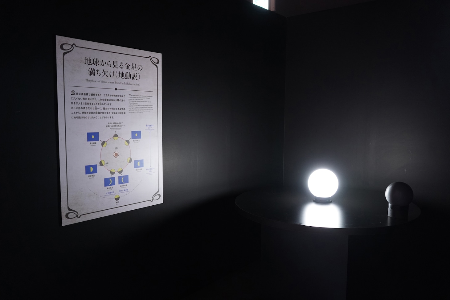 「特別展『チ。 ー地球の運動についてー 地球（いわ）が動く』」より、「地動説」の金星の満ち欠けを体感できるコーナー。