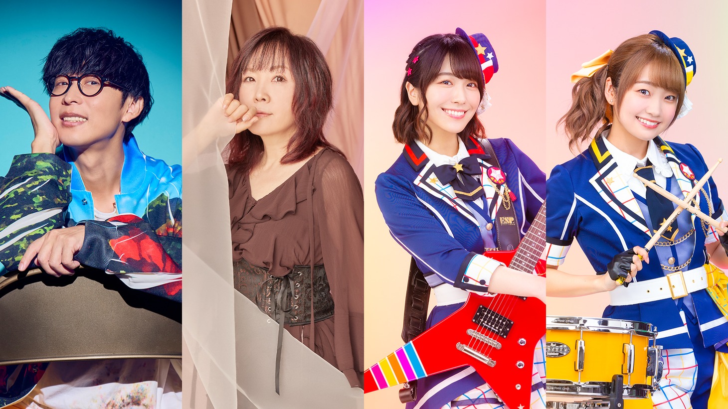 「20th Anniversary『アニサマ2025』開催発表会」に出演する（左から）オーイシマサヨシ、奥井雅美、Poppin'Partyの愛美、大橋彩香。