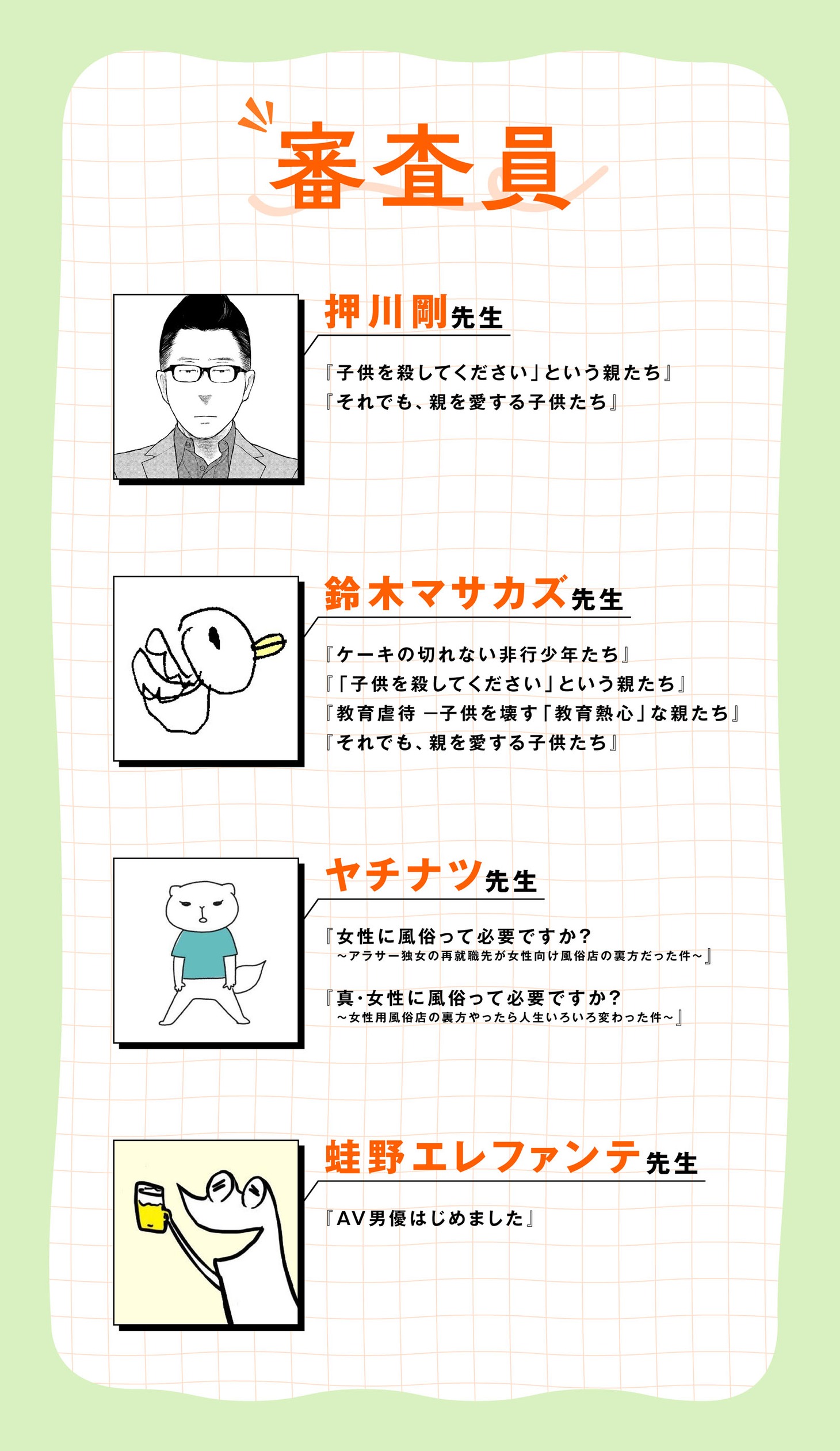 「くらげバンチエッセイ・ノンフィクション漫画賞」の審査員。