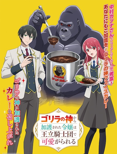 TVアニメ「ゴリラの神から加護された令嬢は王立騎士団で可愛がられる」とゴーゴーカレーのコラボポスター。